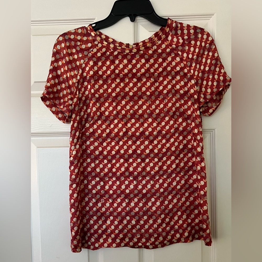Tory Burch Silk Blend Polka Dot & Crescent Short Sleeve Blouse Size 2 Logo